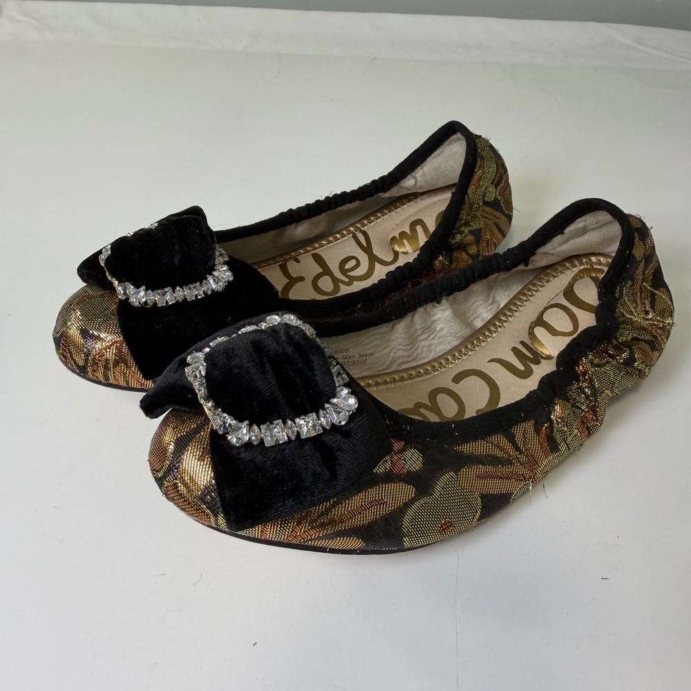 Sam Edelman Farah Kids Gold Floral Brocade Ballet Flats Velvet Bow Rhinestone 3M